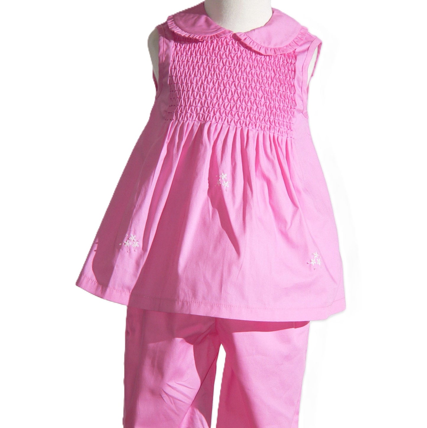 Pink Geometric Smocked Sleeveless Top and Ruffle Pants Set