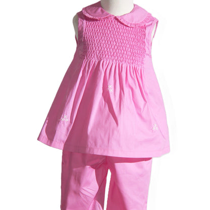 Pink Geometric Smocked Sleeveless Top and Ruffle Pants Set
