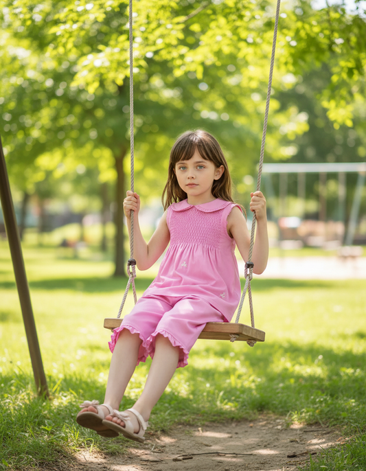 Pink Geometric Smocked Sleeveless Top and Ruffle Pants Set