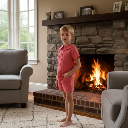 Red Gingham Boy Short Set with Peter Pan Collar