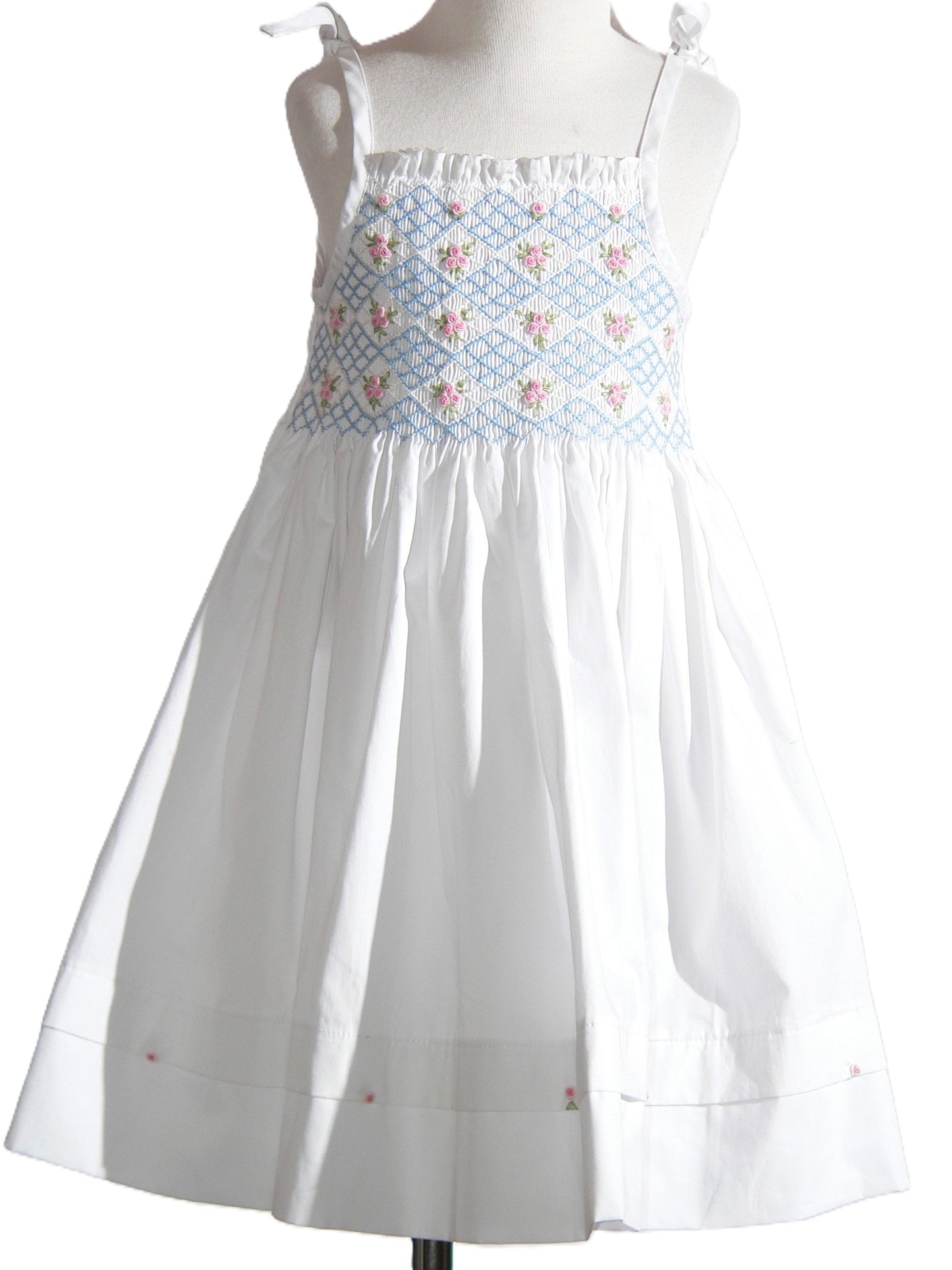 White Geometric Smocked with Two Strings Sleeveless Dress