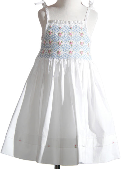 White Geometric Smocked with Two Strings Sleeveless Dress