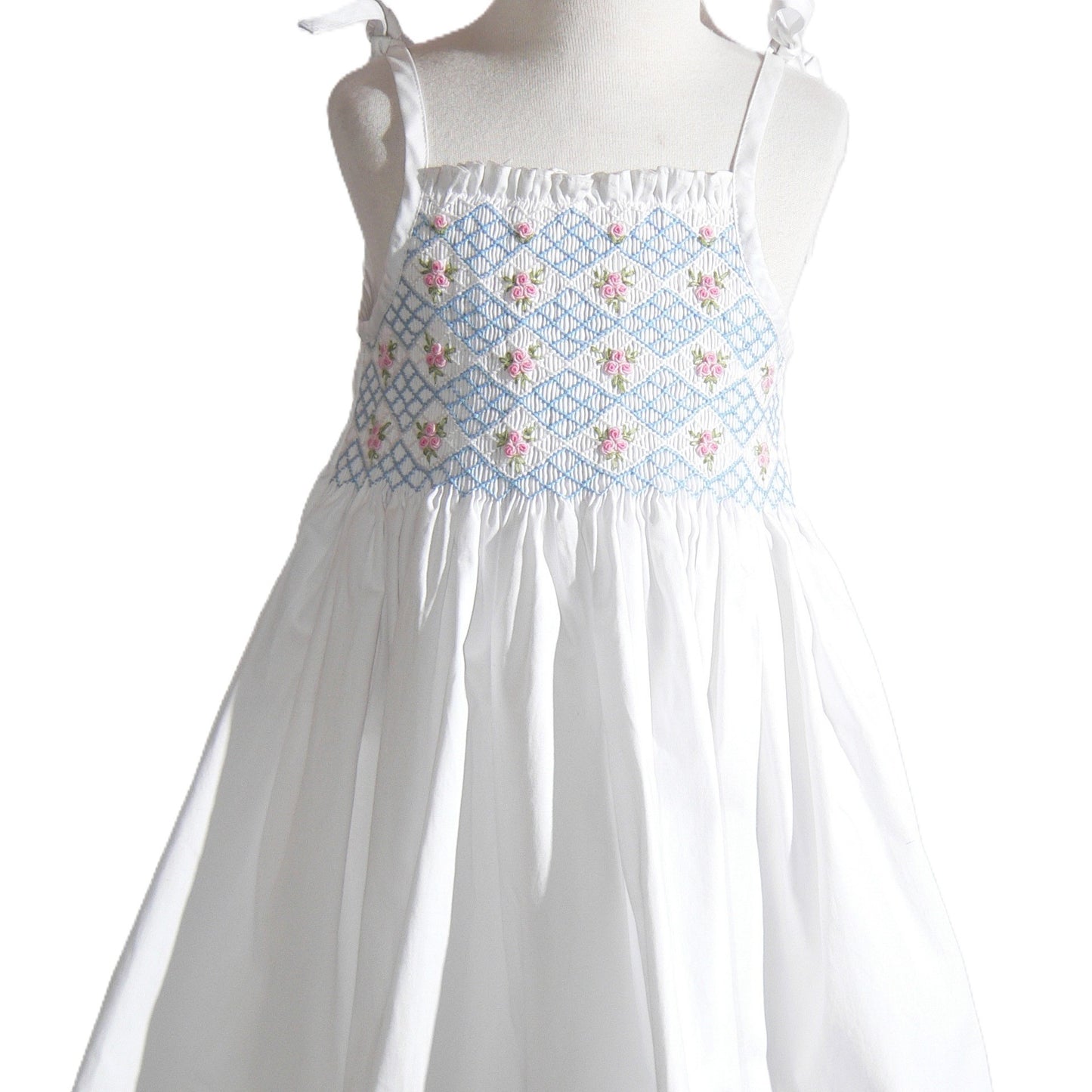 White Geometric Smocked with Two Strings Sleeveless Dress