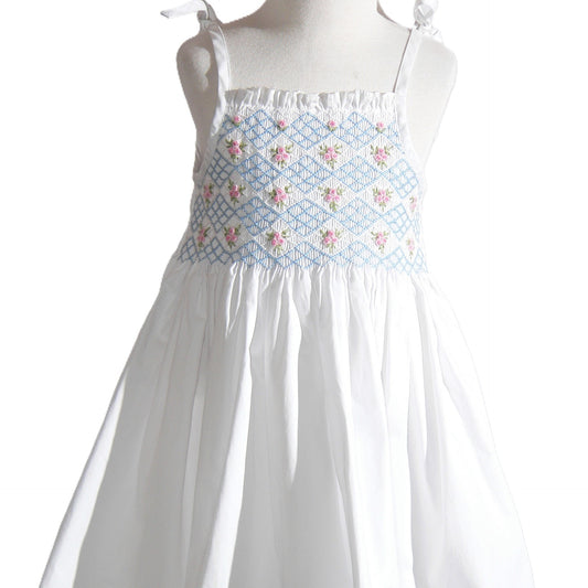 White Geometric Smocked with Two Strings Sleeveless Dress