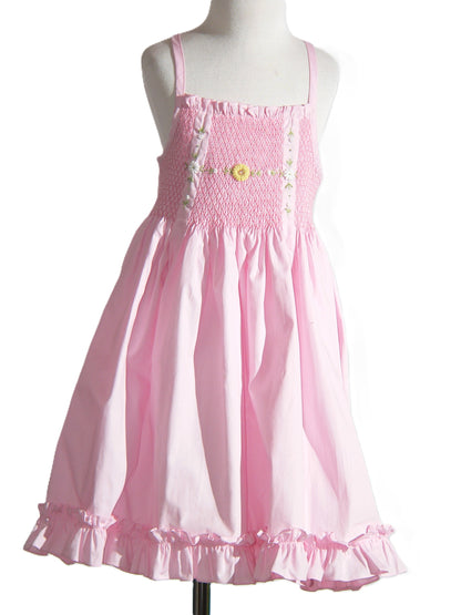 Pink Geometric Smocked with Dasies Two Strings Sleeveless Dress