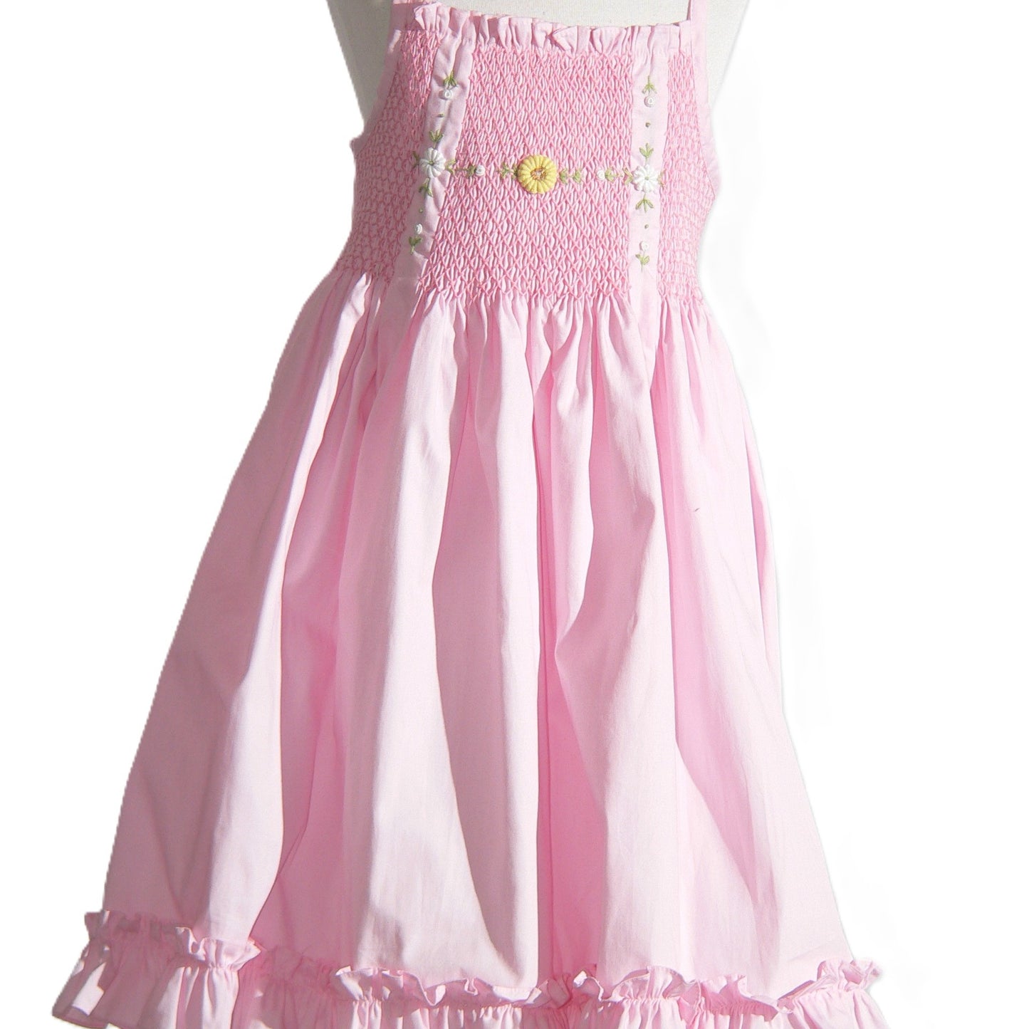 Pink Geometric Smocked with Dasies Two Strings Sleeveless Dress