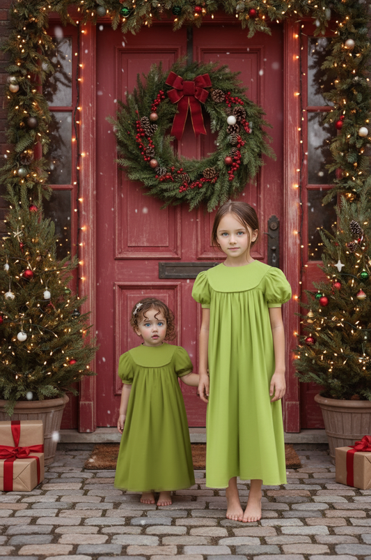 Green Corduroy Girl Dress With Round Collar Monogramable