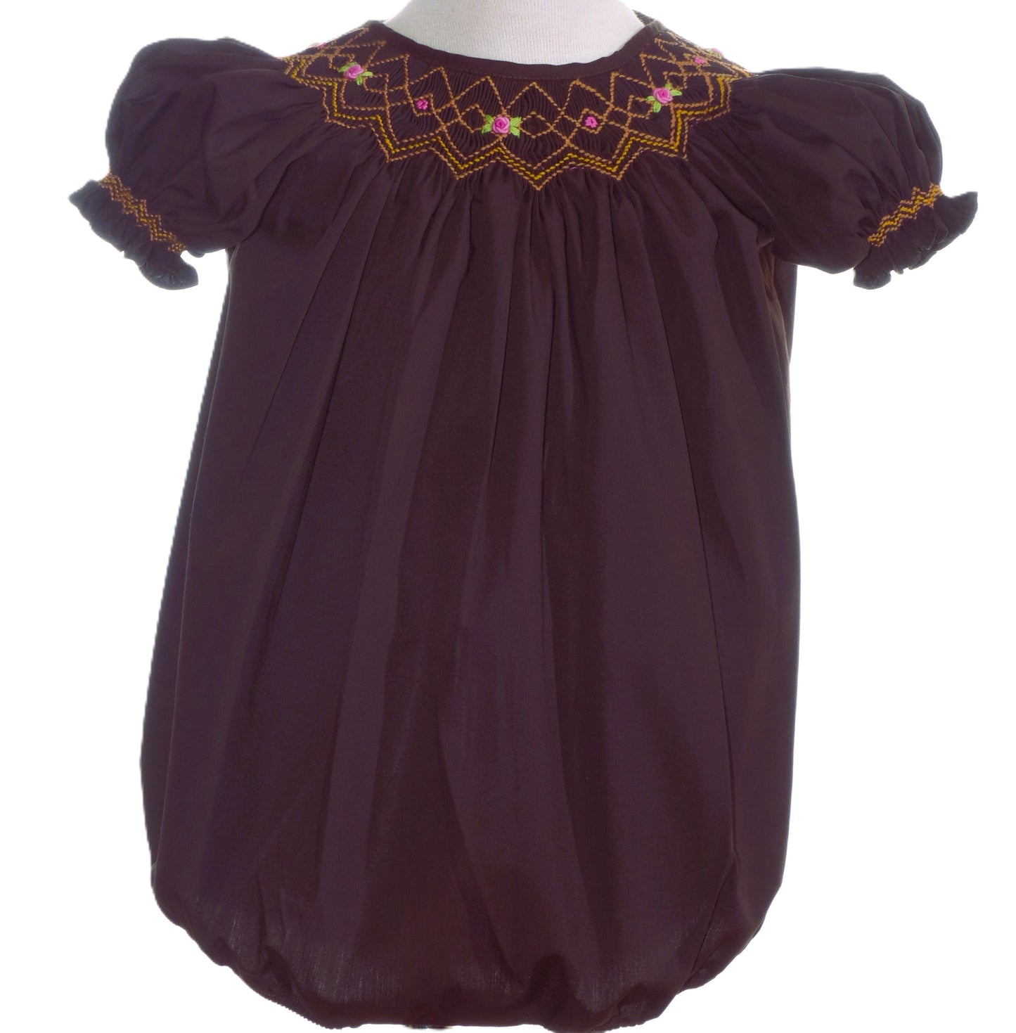 Brown Geometric Smocked Short Sleeve Bubble