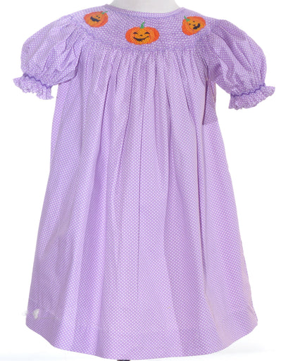 Light Purple Polka Dot Short Bishop Sleeve Dress featuring PUMPKINS Hand-Smocked