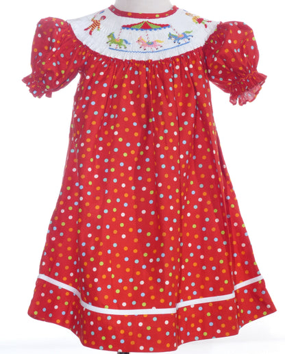 Red Polka Dot Short Bishop Sleeve Dress Featuring CAROUSEL HORSES Hand-Smocked