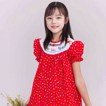 Red Polka Dot Short Bishop Sleeve Dress Featuring CAROUSEL HORSES Hand-Smocked