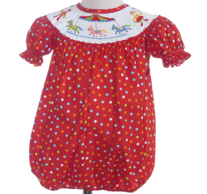 Red Polka Dot Short Sleeve Bubble Featuring CAROUSEL HORSES Hand-Smocked