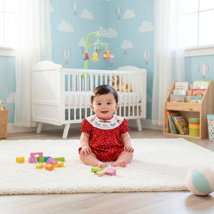 Red Polka Dot Short Sleeve Bubble Featuring CAROUSEL HORSES Hand-Smocked