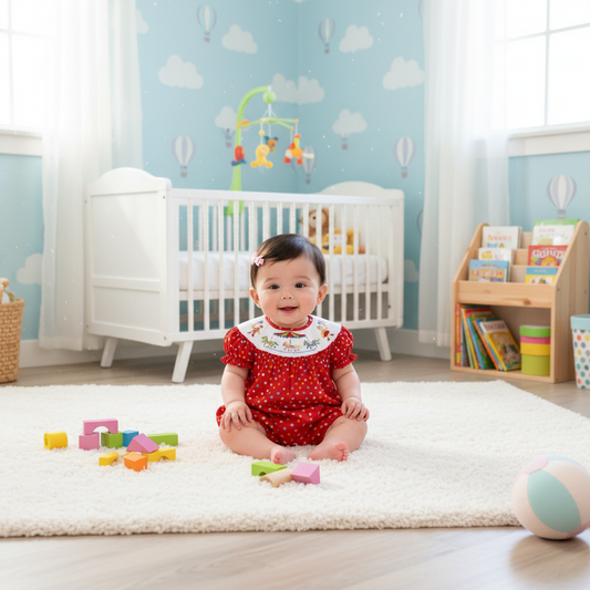 Red Polka Dot Short Sleeve Bubble Featuring CAROUSEL HORSES Hand-Smocked
