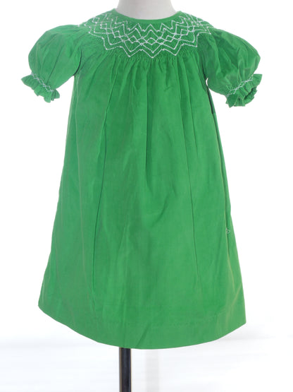 Green Corduroy Smocked with Pearl Bishop Dress