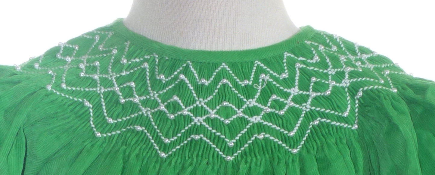 Green Corduroy Smocked with Pearl Bishop Dress