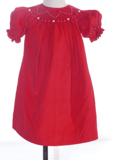 Red Corduroy Pearl Smocked With Short Bishop Sleeve Dress