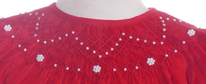 Red Corduroy Pearl Smocked With Short Bishop Sleeve Dress