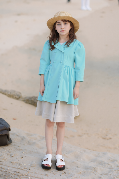 Blue Corduroy Double Breasted Coat with Big Buttons