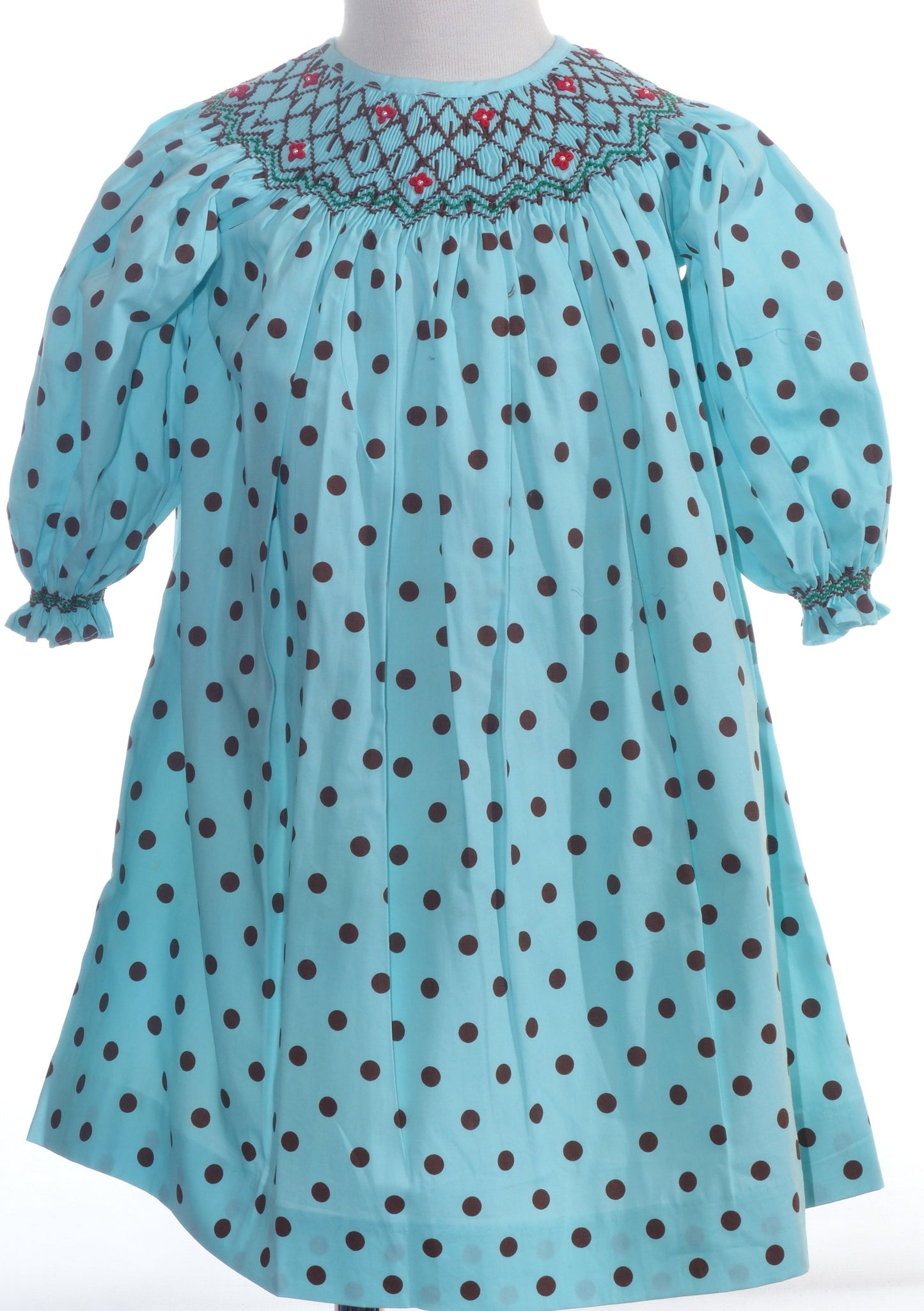 Turquoise With Brown Polka Dot Geometric Smocked Short Bishop Sleeve Dress