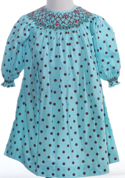 Turquoise With Brown Polka Dot Geometric Smocked Short Bishop Sleeve Dress