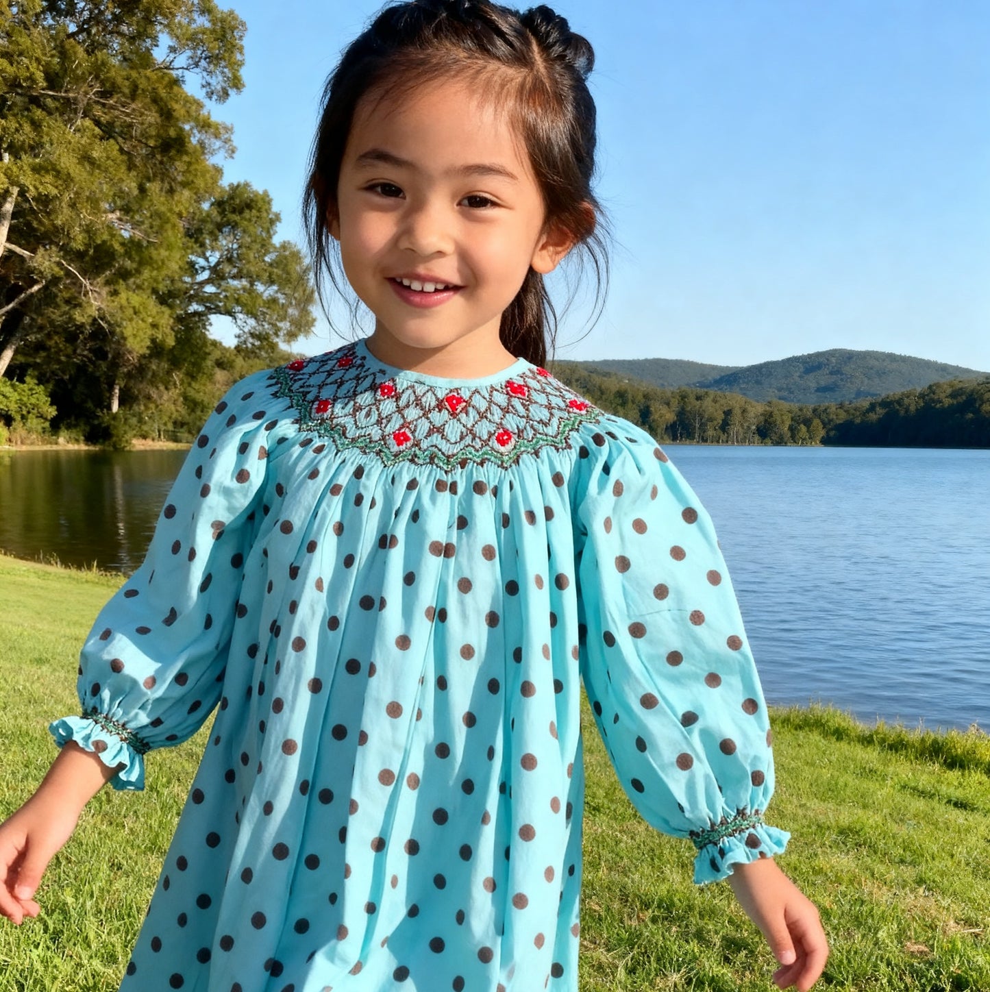 Turquoise With Brown Polka Dot Geometric Smocked Short Bishop Sleeve Dress