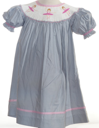 Grey Short Sleeve Bishop Dress Featuring BALLERINAS Embroidered