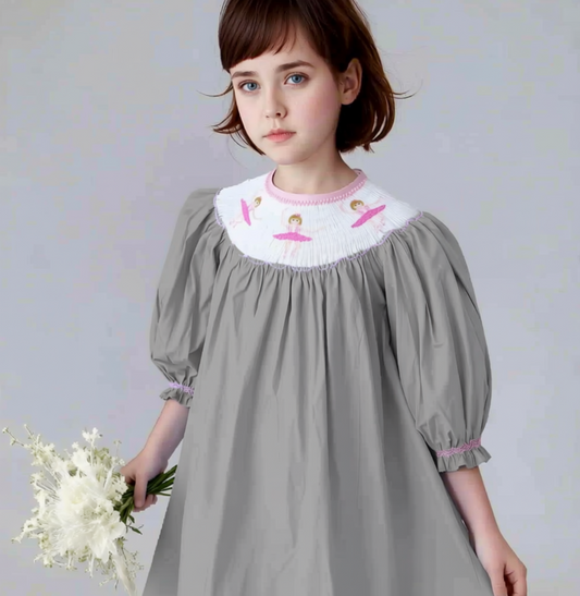 Grey Long Sleeve Bishop Dress Featuring BALLERINAS Embroidered