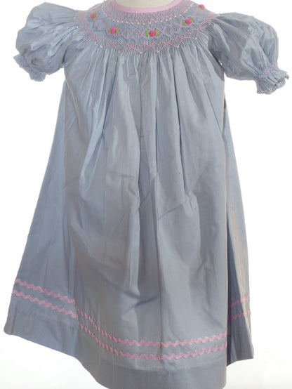 Grey Geometric Smocked Short Bishop Sleeve Dress Featuring Floral Embroidered