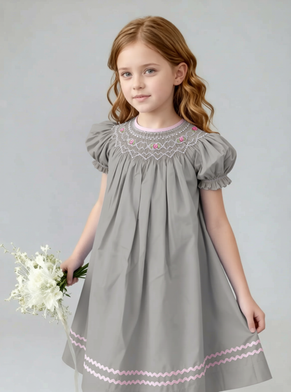 Grey Geometric Smocked Short Bishop Sleeve Dress Featuring Floral Embroidered