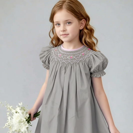 Grey Geometric Smocked Short Bishop Sleeve Dress Featuring Floral Embroidered