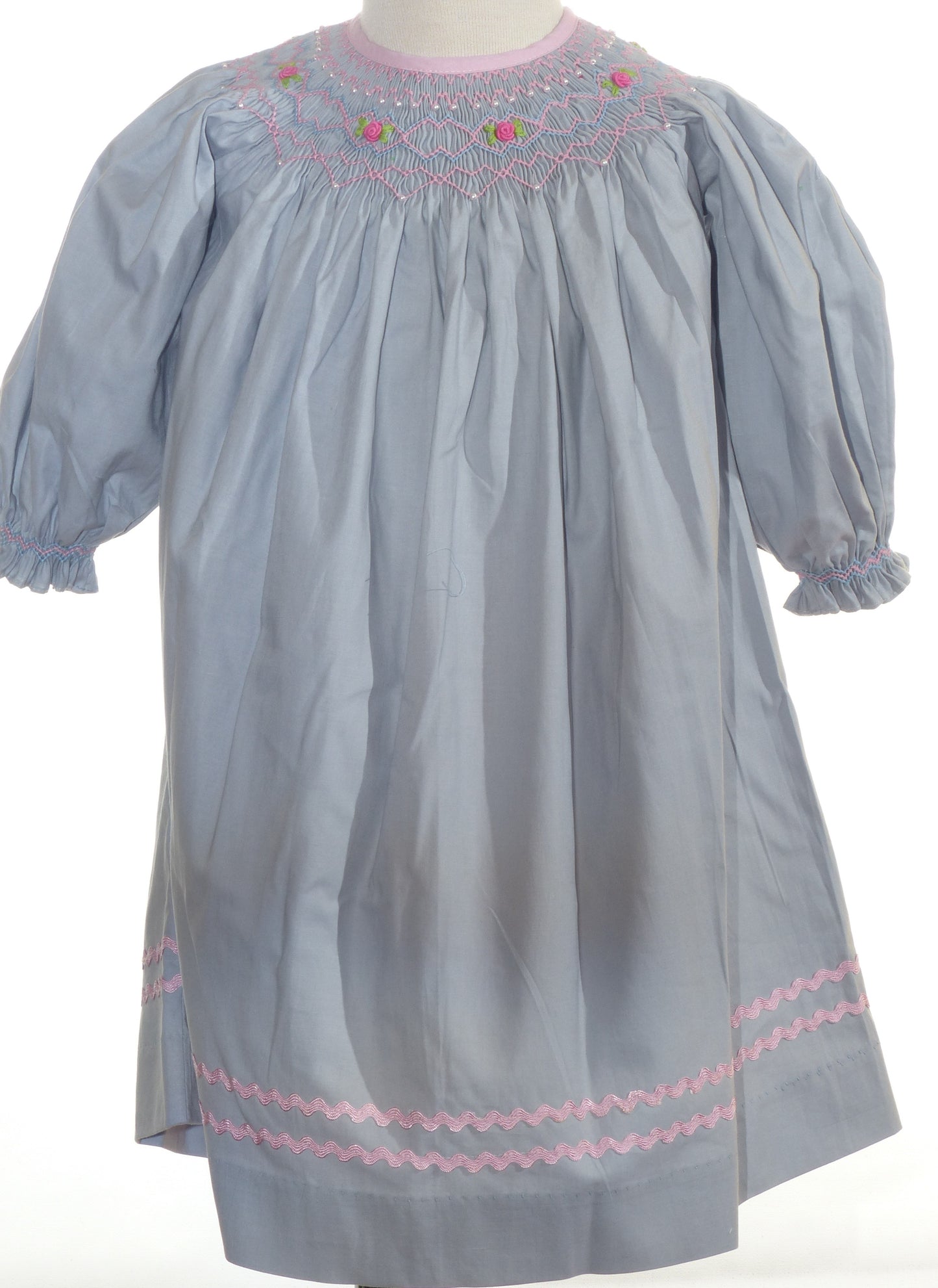 Grey Geometric Smocked Long Bishop Sleeve Dress Featuring Floral Embroidered
