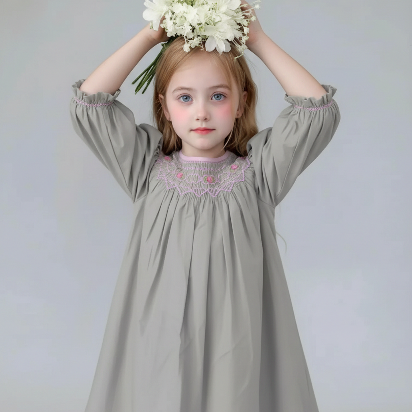Grey Geometric Smocked Long Bishop Sleeve Dress Featuring Floral Embroidered