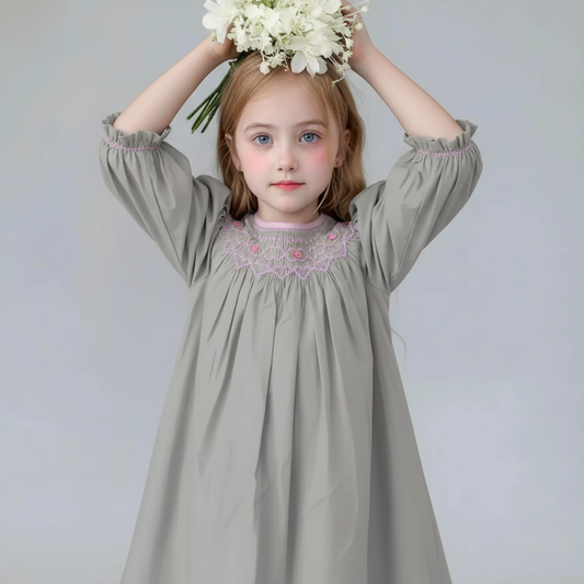 Grey Geometric Smocked Long Bishop Sleeve Dress Featuring Floral Embroidered