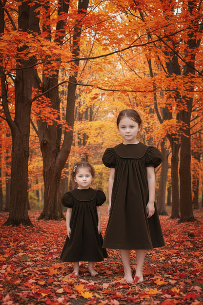 Brown Corduroy Girl Dress With Round Collar Monogramable