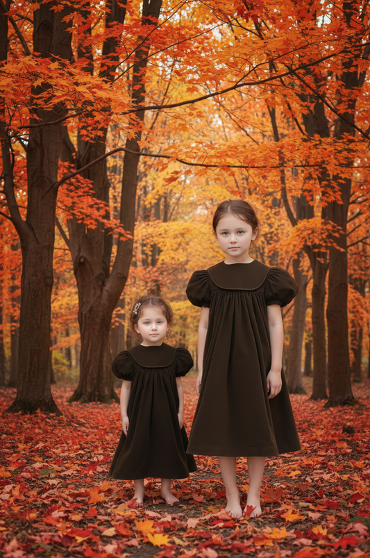Brown Corduroy Girl Dress With Round Collar Monogramable