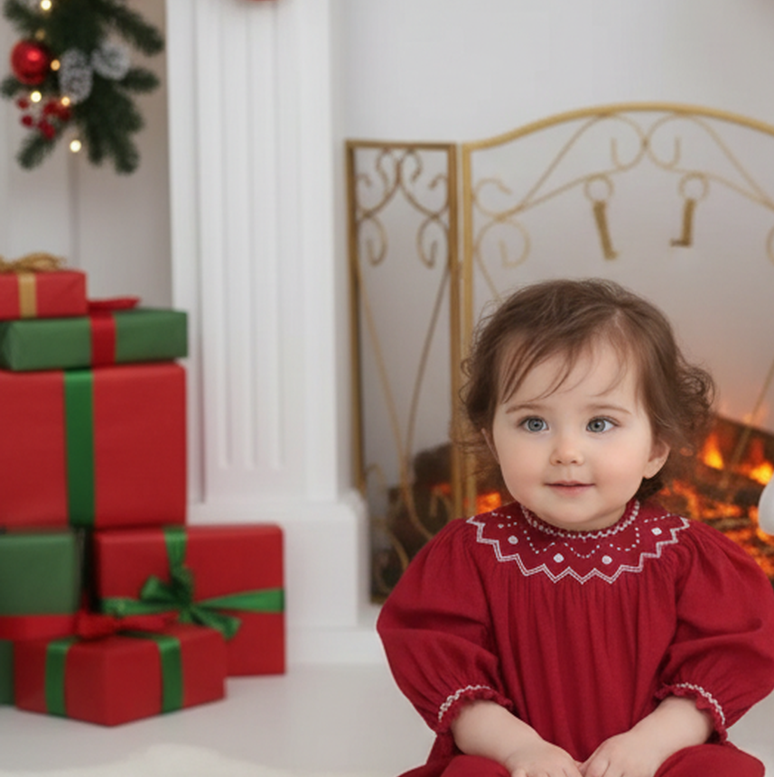 Red  Pearl Smocked With Long Bishop Sleeve Dress