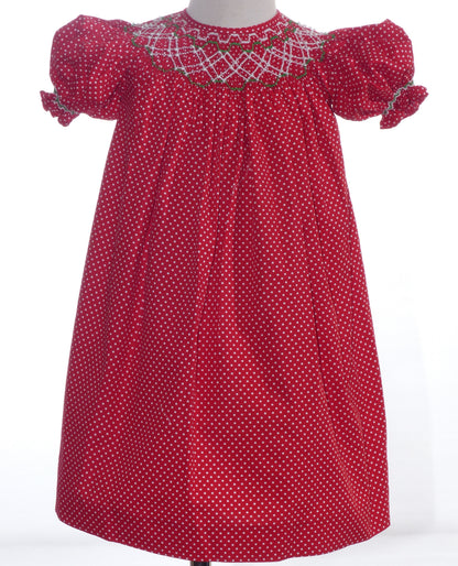 Red Polka Dot Geometric Smocked Short-Sleeve Bishop Dress