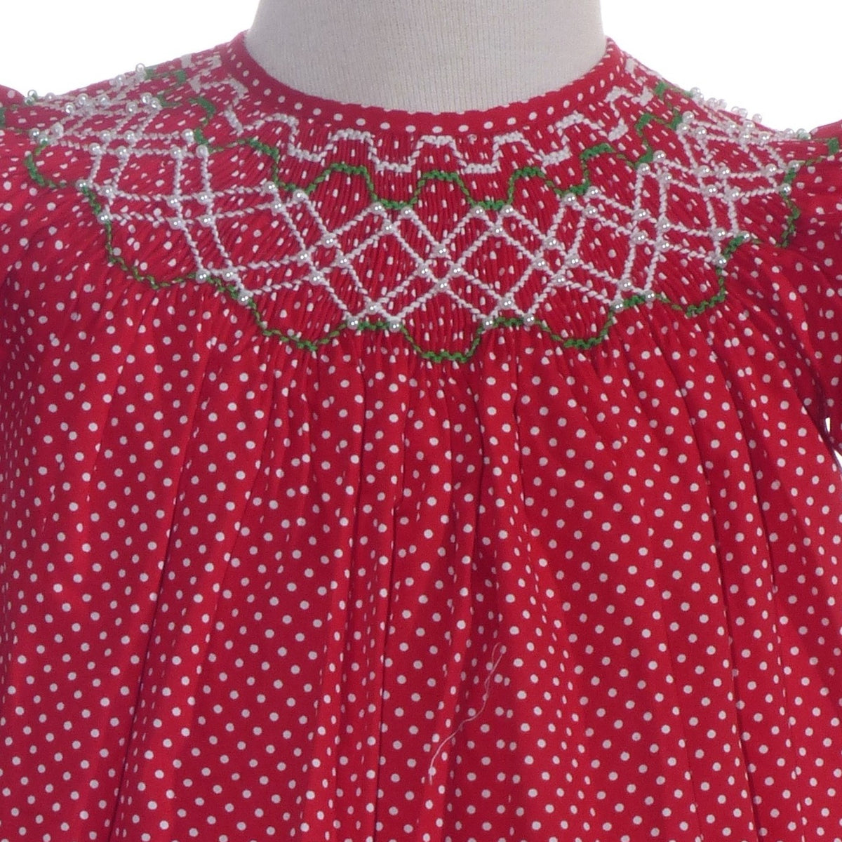 Red Polka Dot Geometric Smocked Short-Sleeve Bishop Dress