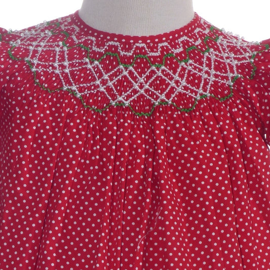 Red Polka Dot Geometric Smocked Short-Sleeve Bishop Dress