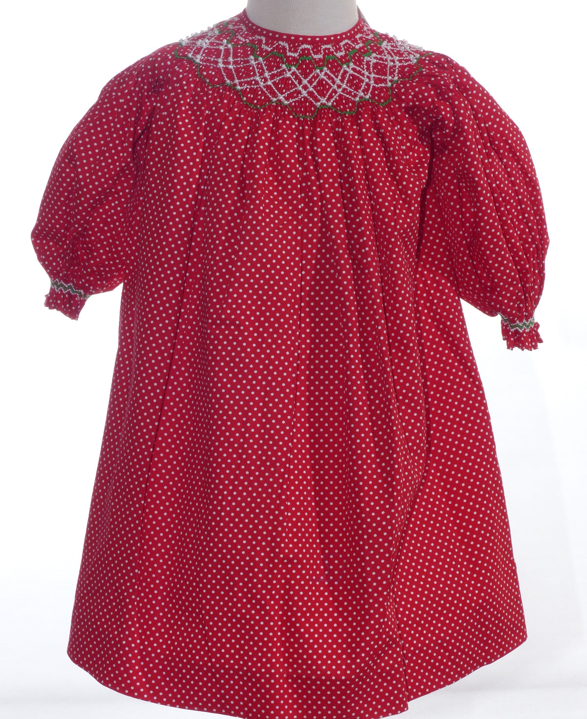 Red Polka Dot Geometric Smocked Long-Sleeve Bishop Dress