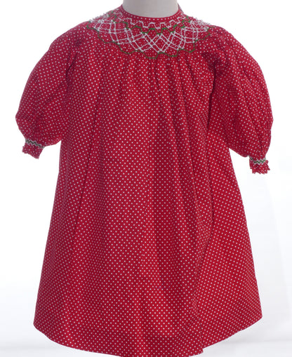 Red Polka Dot Geometric Smocked Long-Sleeve Bishop Dress