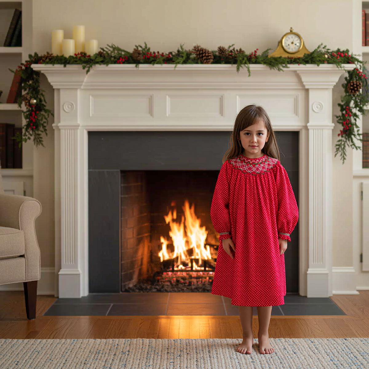 Red Polka Dot Geometric Smocked Long-Sleeve Bishop Dress