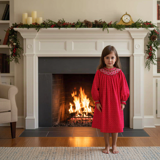 Red Polka Dot Geometric Smocked Long-Sleeve Bishop Dress