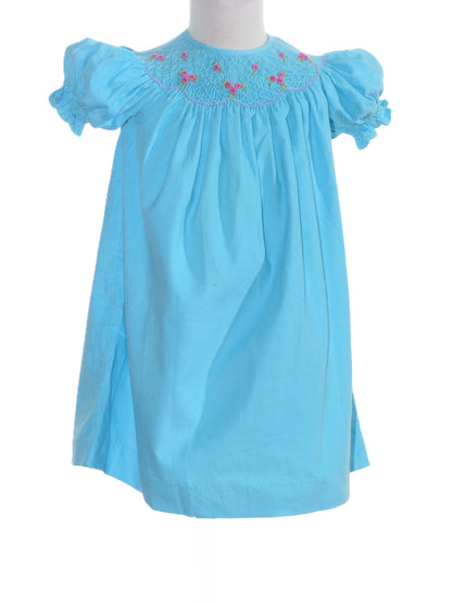 Blue Corduroy Geo Smocked With Roses Short Sleeve Bishop Dress