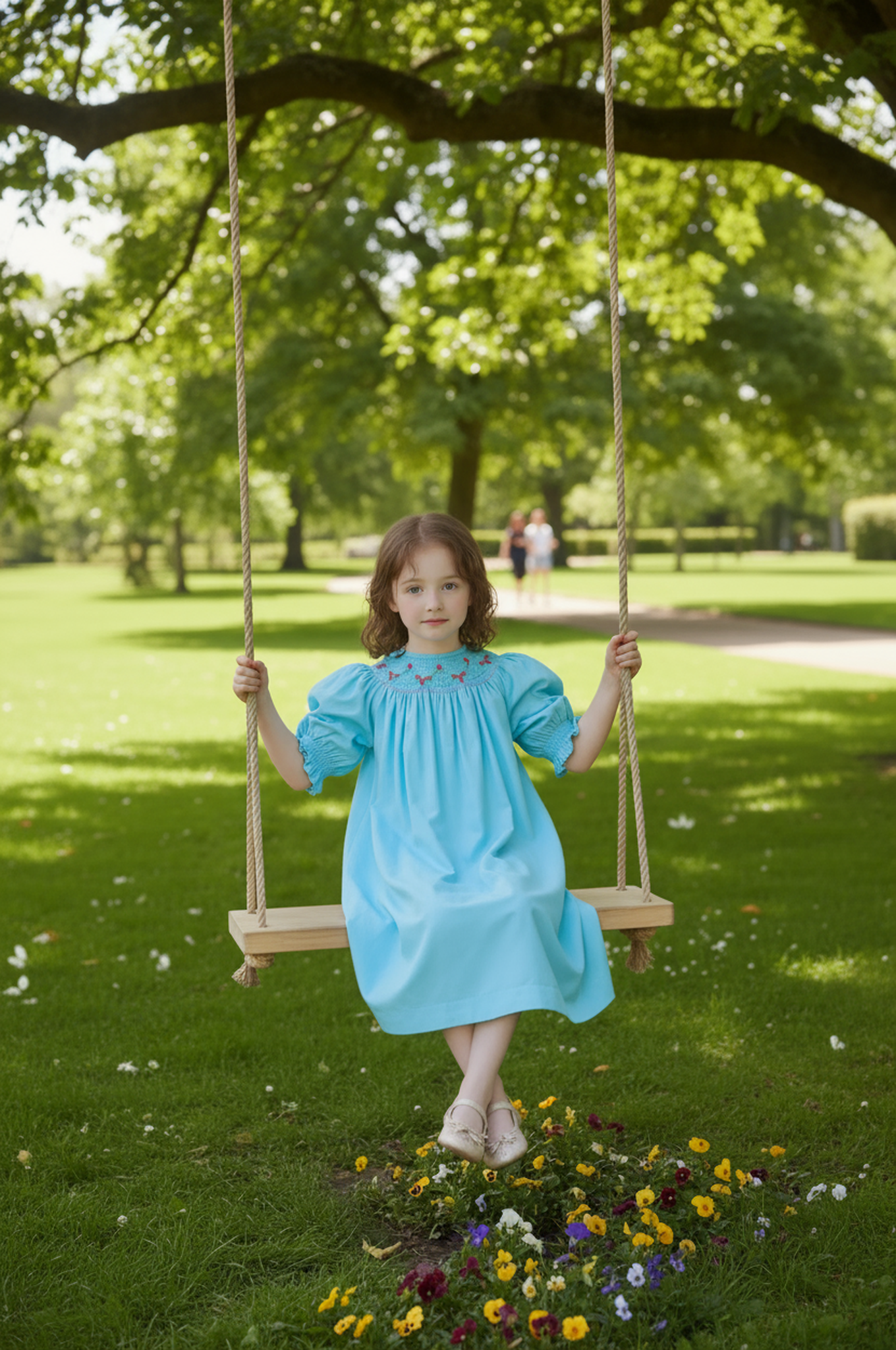 Blue Corduroy Geo Smocked With Roses Long Sleeve Bishop Dress