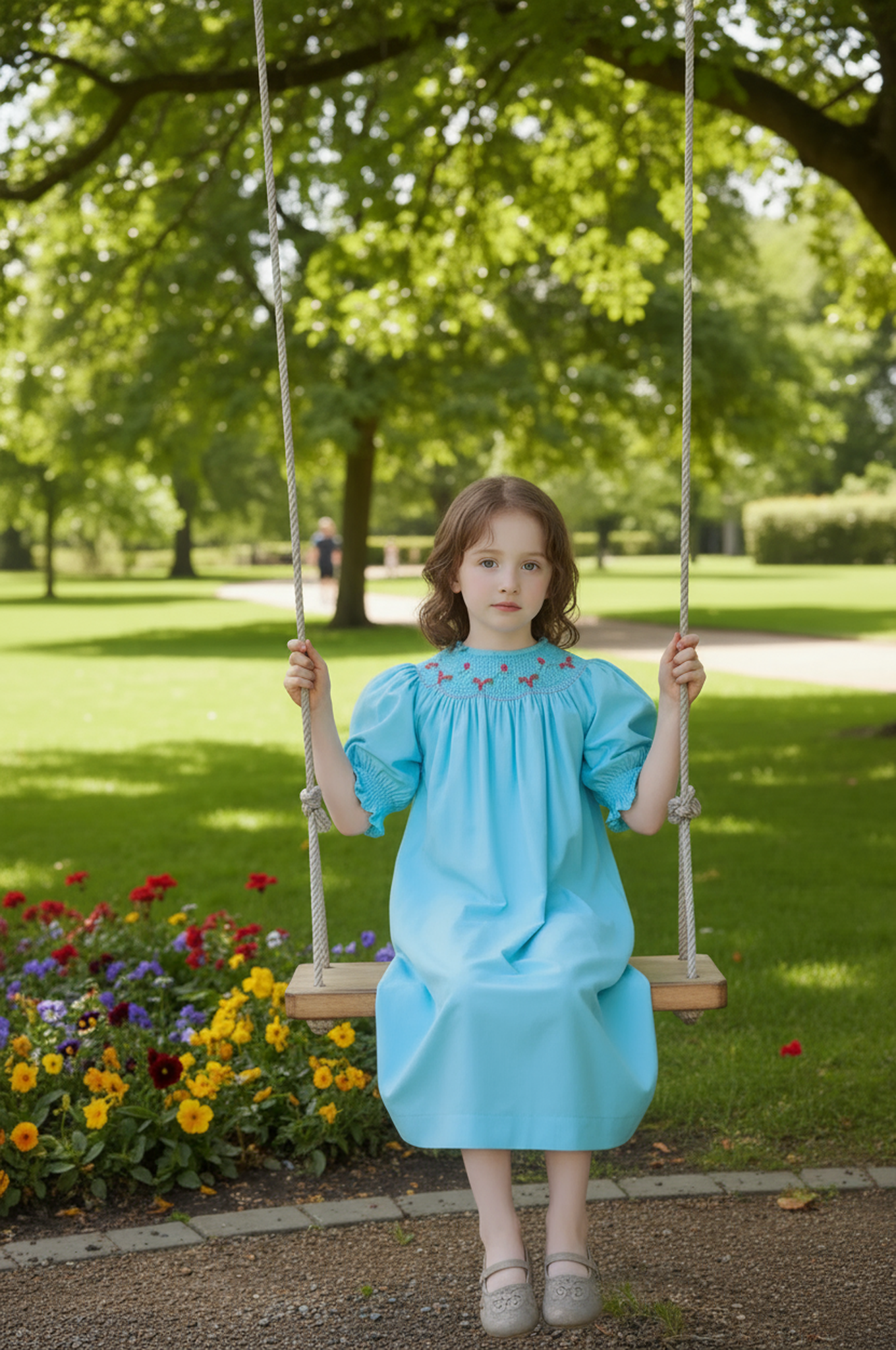 Blue Corduroy Geo Smocked With Roses Long Sleeve Bishop Dress