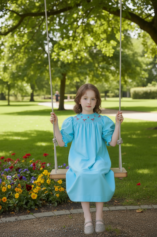 Blue Corduroy Geo Smocked With Roses Long Sleeve Bishop Dress