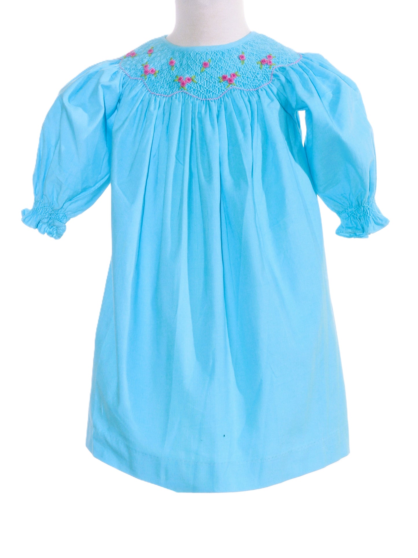 Blue Corduroy Geo Smocked With Roses Long Sleeve Bishop Dress