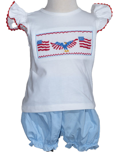 Blue Gingham FLAG SMOCKED Angel Wing Short Set